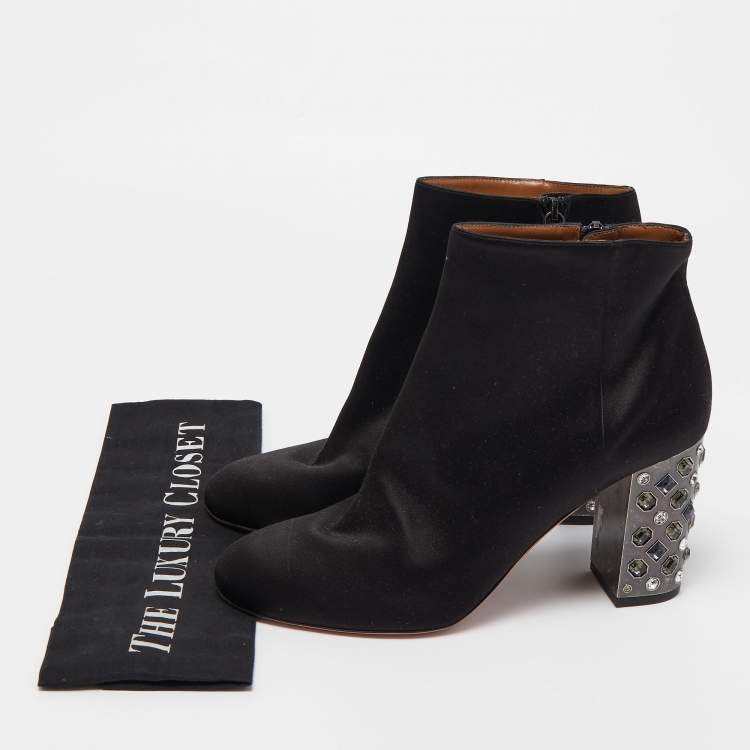 Pre Owned Aquazzura Black Satin Party Embellished Heel Ankle Boots Size 41
