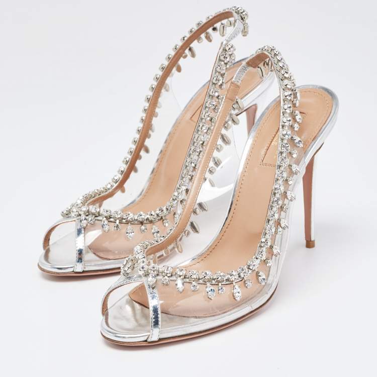 Pre Owned Aquazzura Silver Leather and  PVC Crystal Embellished Temptation Sandals Size 38.5