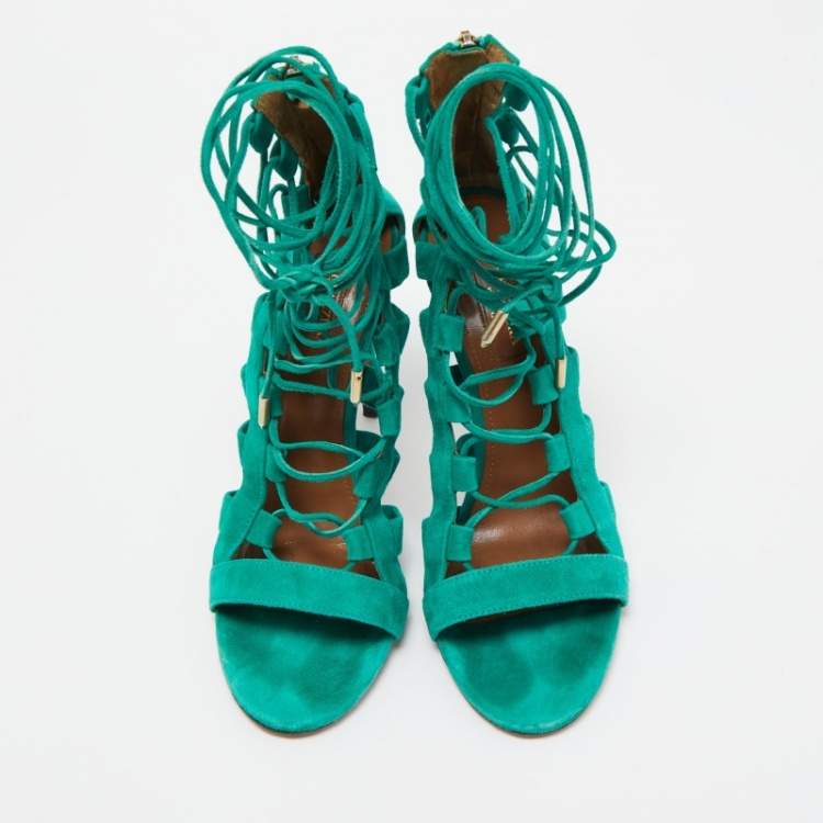 Pre Owned Aquazzura Green Suede Amazon Lace Up Sandals Size 38