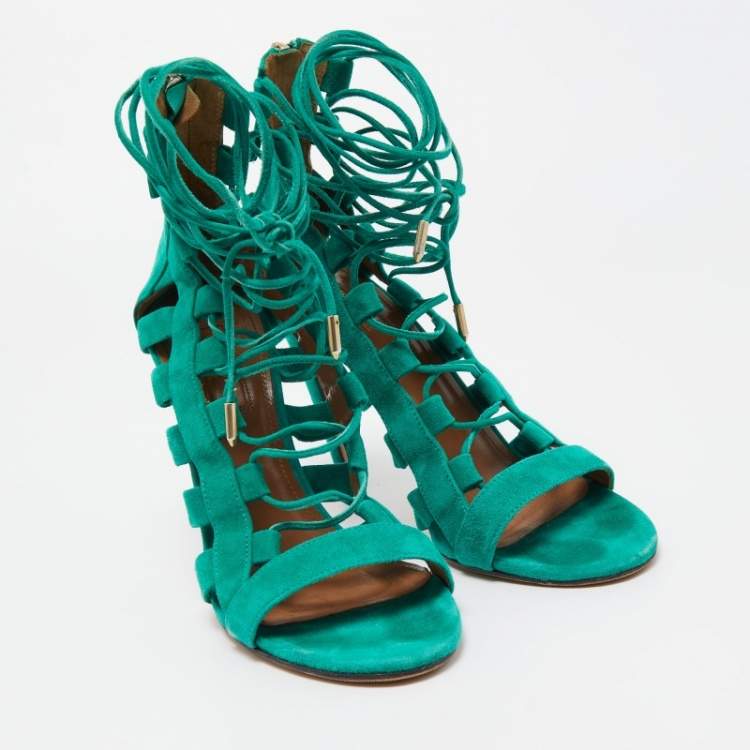 Pre Owned Aquazzura Green Suede Amazon Lace Up Sandals Size 38