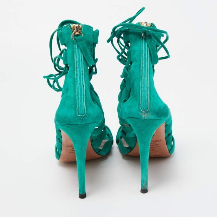 Pre Owned Aquazzura Green Suede Amazon Lace Up Sandals Size 38
