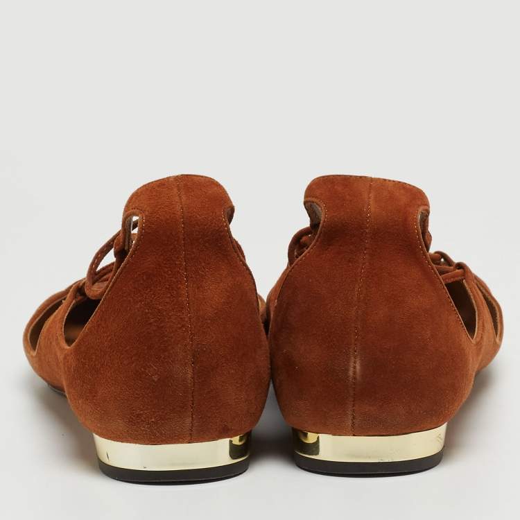 Pre Owned Aquazzura Brown Suede Dancer Ankle Wrap Ballet Flats Size 39