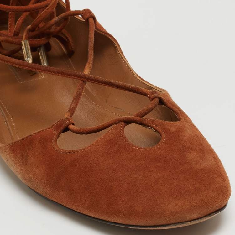 Pre Owned Aquazzura Brown Suede Dancer Ankle Wrap Ballet Flats Size 39