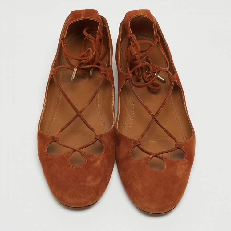 Pre Owned Aquazzura Brown Suede Dancer Ankle Wrap Ballet Flats Size 39