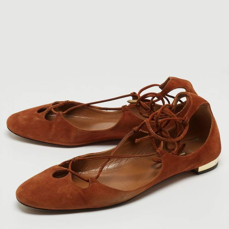 Pre Owned Aquazzura Brown Suede Dancer Ankle Wrap Ballet Flats Size 39