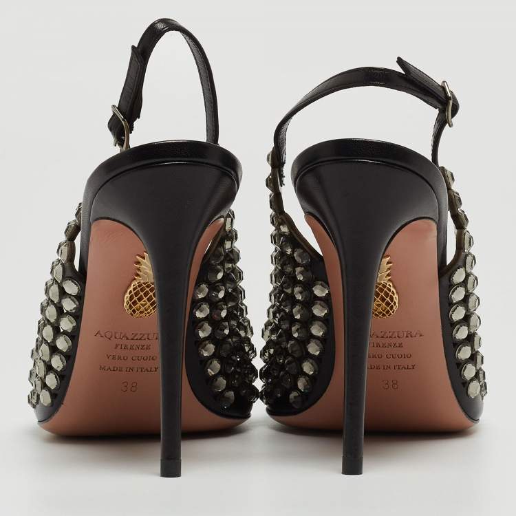 Pre Owned Aquazzura Black Leather Crystal Embellishments Slingback Pumps Size 38