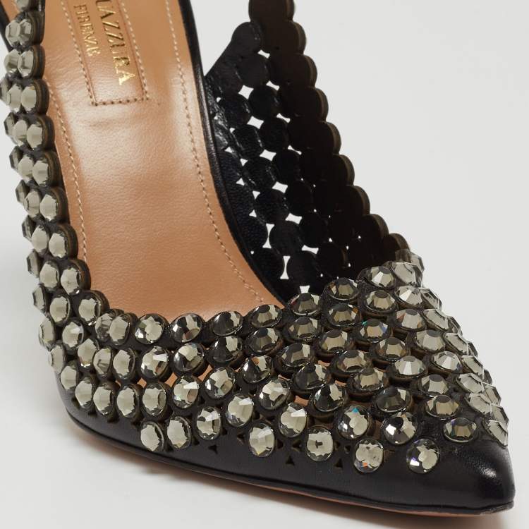 Pre Owned Aquazzura Black Leather Crystal Embellishments Slingback Pumps Size 38