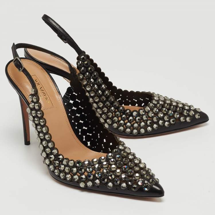 Pre Owned Aquazzura Black Leather Crystal Embellishments Slingback Pumps Size 38
