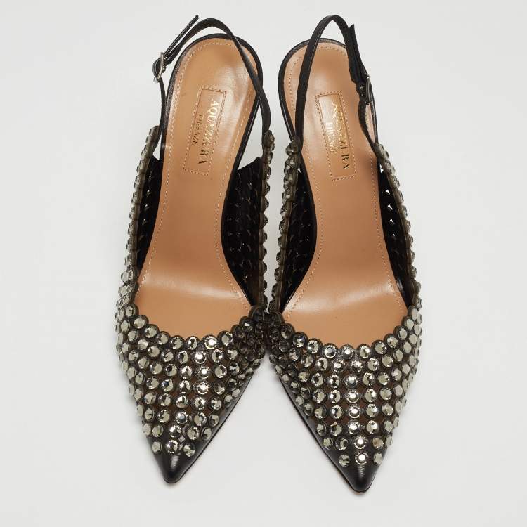 Pre Owned Aquazzura Black Leather Crystal Embellishments Slingback Pumps Size 38