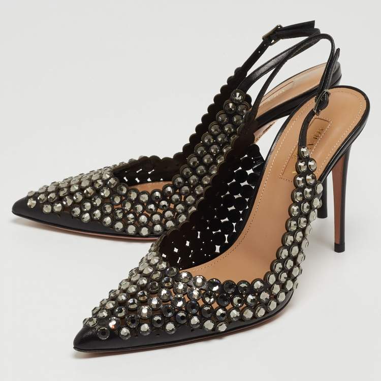 Pre Owned Aquazzura Black Leather Crystal Embellishments Slingback Pumps Size 38