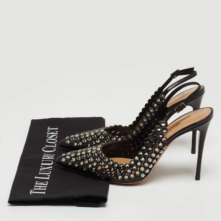 Pre Owned Aquazzura Black Leather Crystal Embellishments Slingback Pumps Size 38