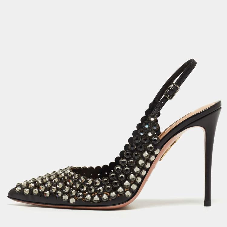 Pre Owned Aquazzura Black Leather Crystal Embellishments Slingback Pumps Size 38