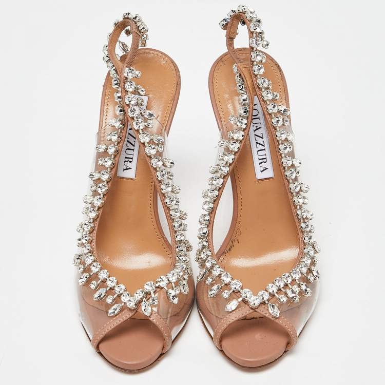 Pre Owned Aquazzura Beige Leather and PVC Temptation Slingback Pumps Size 36