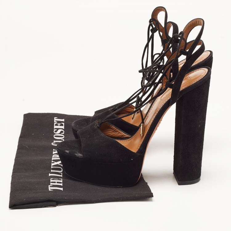 Pre Owned Aquazzura Black Suede Ankle Strap Platform Sandals Size 38 