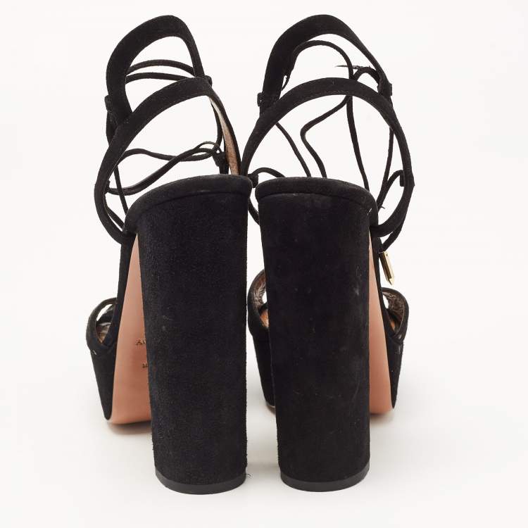 Pre Owned Aquazzura Black Suede Ankle Strap Platform Sandals Size 38 