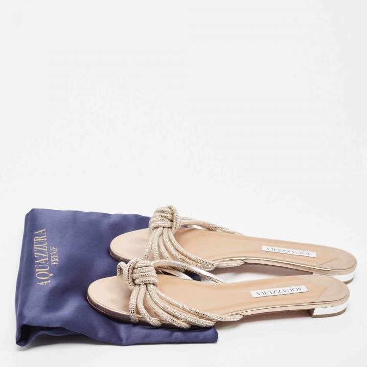 Pre Owned Aquazzura Beige Suede Crystal Slide Flats Size 38.5  