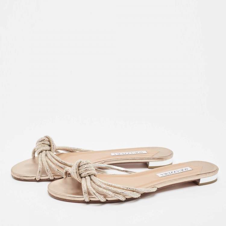 Pre Owned Aquazzura Beige Suede Crystal Slide Flats Size 38.5  