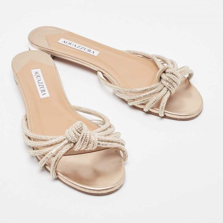 Pre Owned Aquazzura Beige Suede Crystal Slide Flats Size 38.5  