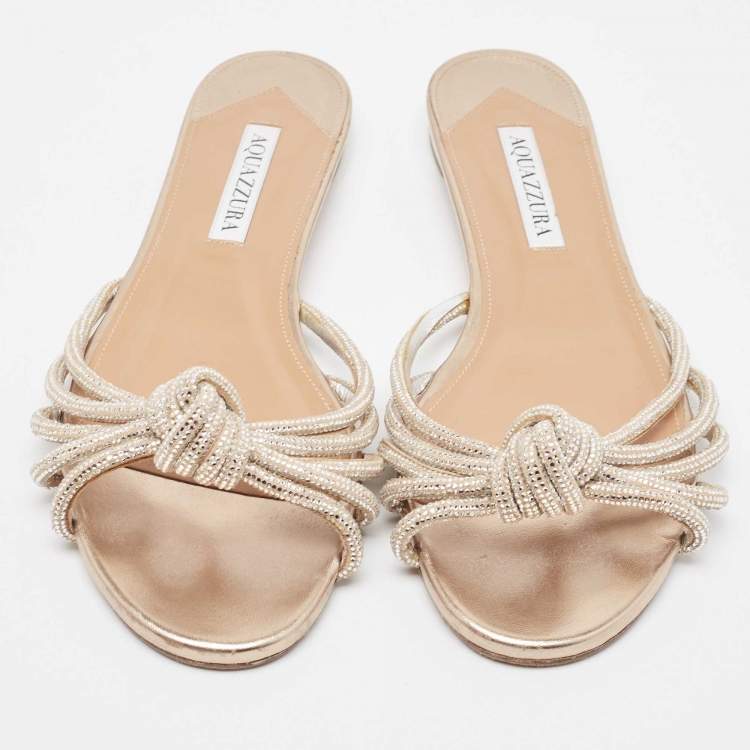 Pre Owned Aquazzura Beige Suede Crystal Slide Flats Size 38.5  
