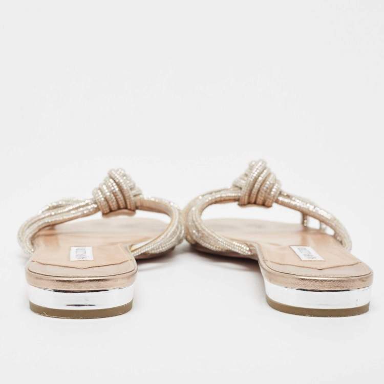 Pre Owned Aquazzura Beige Suede Crystal Slide Flats Size 38.5  