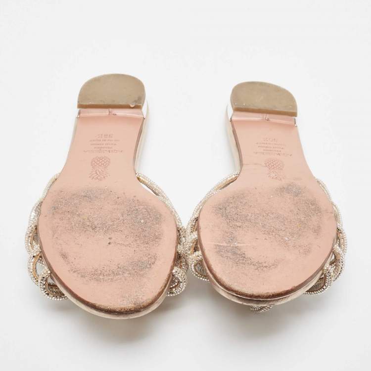 Pre Owned Aquazzura Beige Suede Crystal Slide Flats Size 38.5  