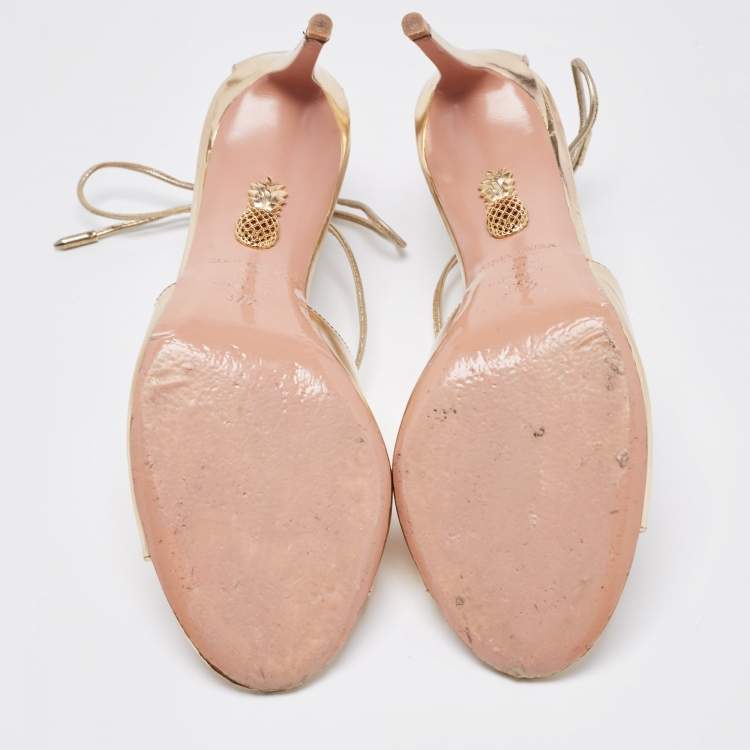 مملوكة مسبقًا Aquazzura Gold Foil Leather Sofia Open Toe Ankle Wrap Sandals Size 37.5