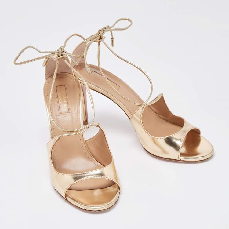 مملوكة مسبقًا Aquazzura Gold Foil Leather Sofia Open Toe Ankle Wrap Sandals Size 37.5