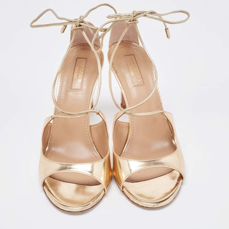 مملوكة مسبقًا Aquazzura Gold Foil Leather Sofia Open Toe Ankle Wrap Sandals Size 37.5