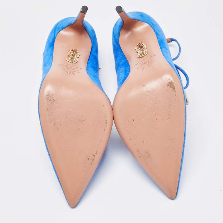 مملوكة مسبقًا Aquazzura Blue Suede Pointed Toe Ankle Wrap Pumps Size 37.5