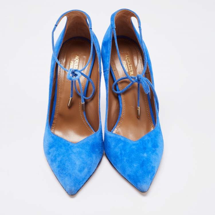 مملوكة مسبقًا Aquazzura Blue Suede Pointed Toe Ankle Wrap Pumps Size 37.5