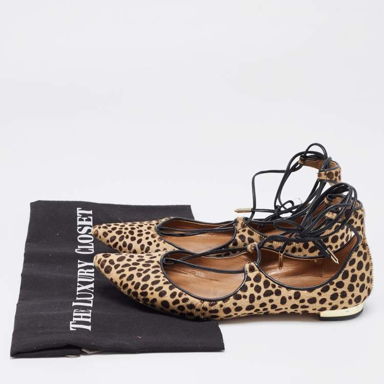 Pre Owned Aquazzura Two Tone Leopard Print Calf Hair Sunshine Ankle Tie Flats Size 35