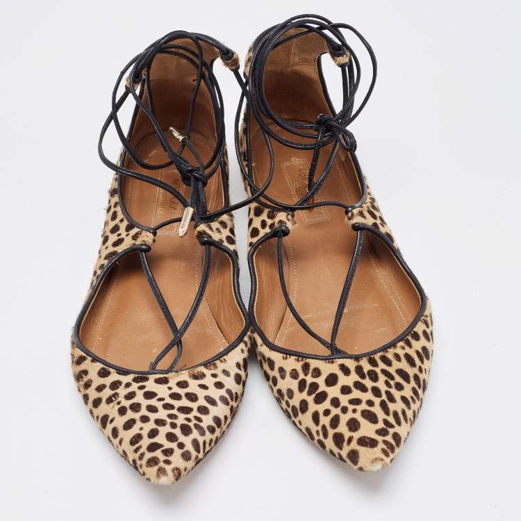 Pre Owned Aquazzura Two Tone Leopard Print Calf Hair Sunshine Ankle Tie Flats Size 35