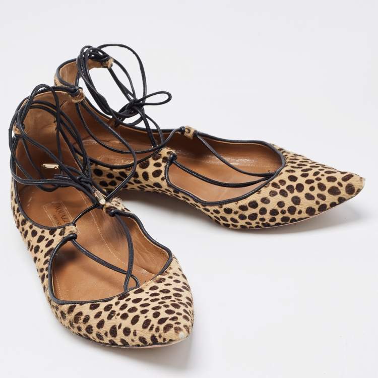 Pre Owned Aquazzura Two Tone Leopard Print Calf Hair Sunshine Ankle Tie Flats Size 35