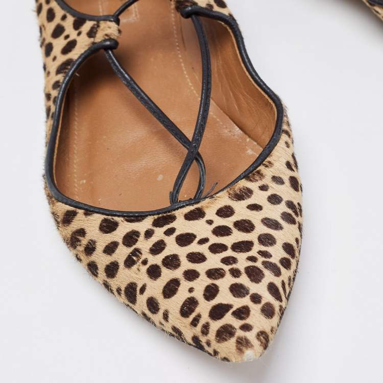 Pre Owned Aquazzura Two Tone Leopard Print Calf Hair Sunshine Ankle Tie Flats Size 35