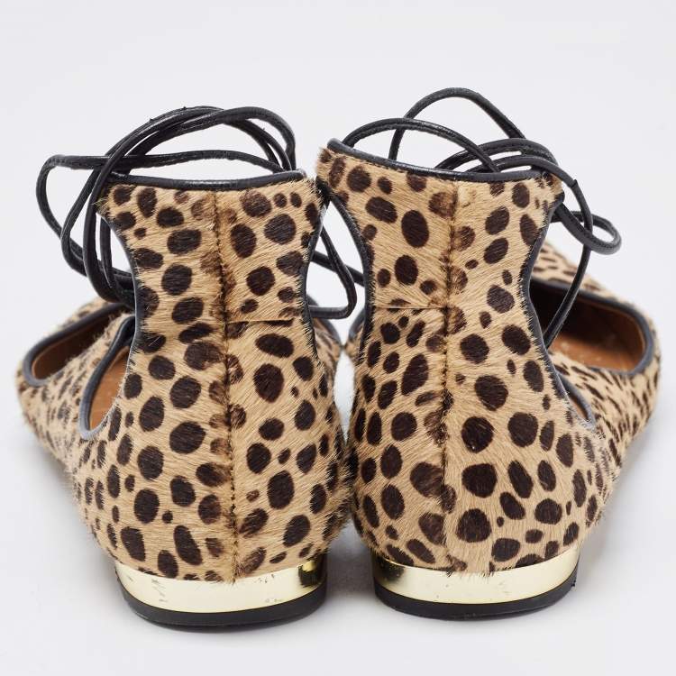 Pre Owned Aquazzura Two Tone Leopard Print Calf Hair Sunshine Ankle Tie Flats Size 35