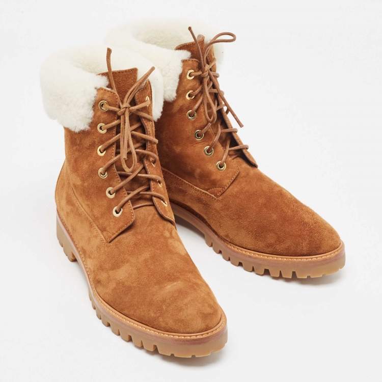 Pre Owned Aquazzura Brown/Off-white Suede and Fur Heilbrunner Ankle Boots Size 38.5