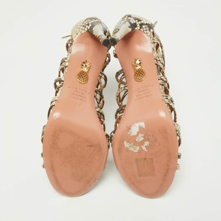 Pre Owned Aquazzura Beige/Brown Python Embossed Leather Knockout Sandals Size 37.5