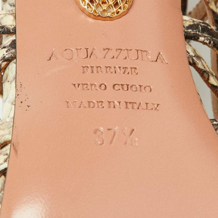 Pre Owned Aquazzura Beige/Brown Python Embossed Leather Knockout Sandals Size 37.5