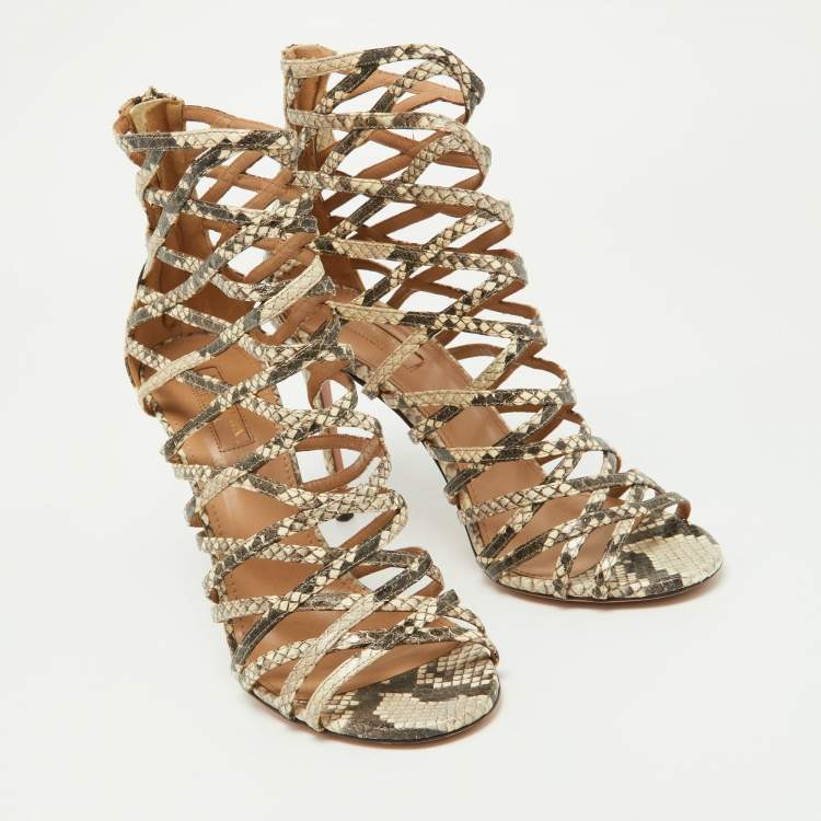 Pre Owned Aquazzura Beige/Brown Python Embossed Leather Knockout Sandals Size 37.5