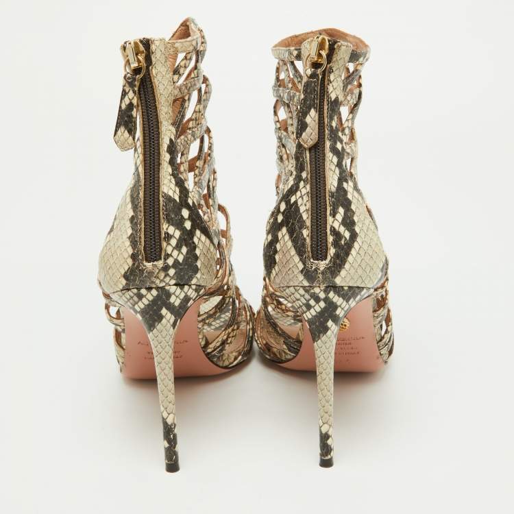 Pre Owned Aquazzura Beige/Brown Python Embossed Leather Knockout Sandals Size 37.5