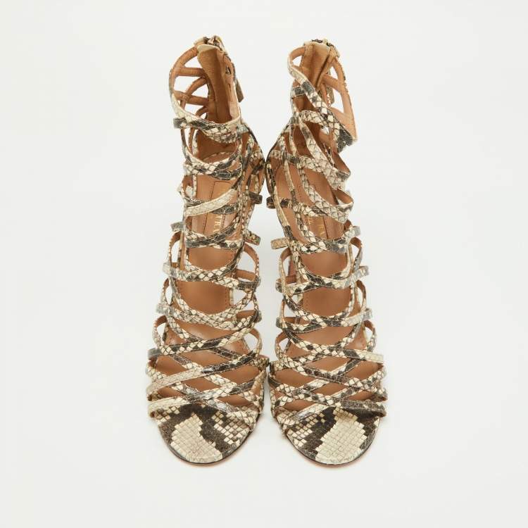 Pre Owned Aquazzura Beige/Brown Python Embossed Leather Knockout Sandals Size 37.5