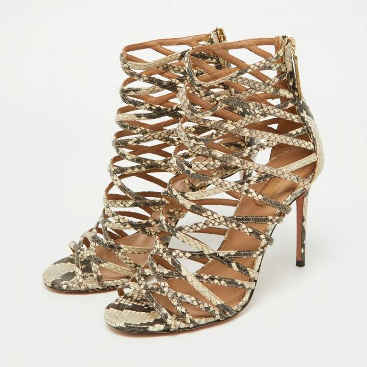 Pre Owned Aquazzura Beige/Brown Python Embossed Leather Knockout Sandals Size 37.5