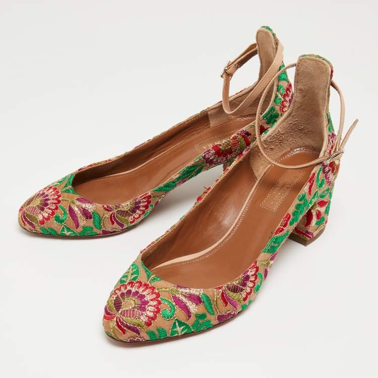 مملوكة مسبقًا Aquazzura Multicolor Leather and Mesh Embroidered Christy Pumps Size 36.5