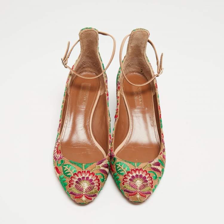 مملوكة مسبقًا Aquazzura Multicolor Leather and Mesh Embroidered Christy Pumps Size 36.5