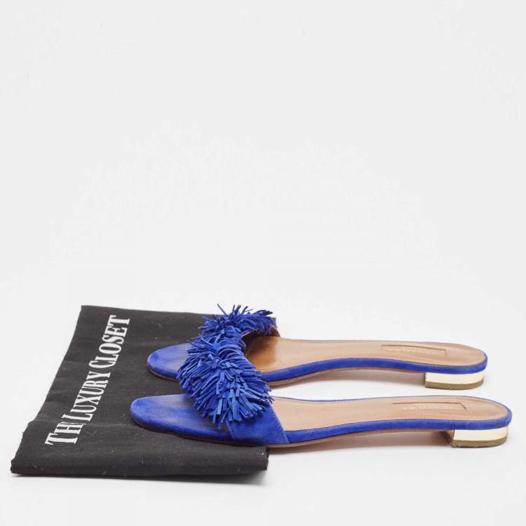 Pre Owned Aquazzura Blue Suede Wild Thing Fringe Trimmed Flat Slides Size 36.5