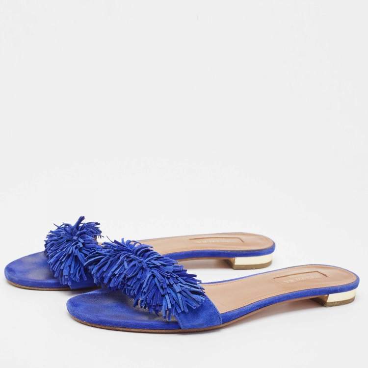 Pre Owned Aquazzura Blue Suede Wild Thing Fringe Trimmed Flat Slides Size 36.5