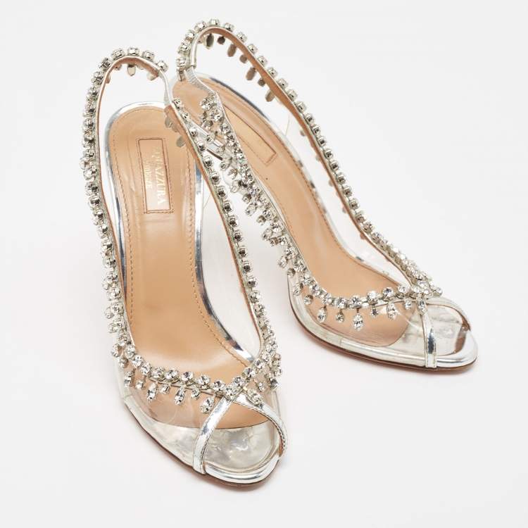 Pre Owned Aquazzura Silver PVC And Leather Temptation Crystal Slingback Pumps Size 38.5