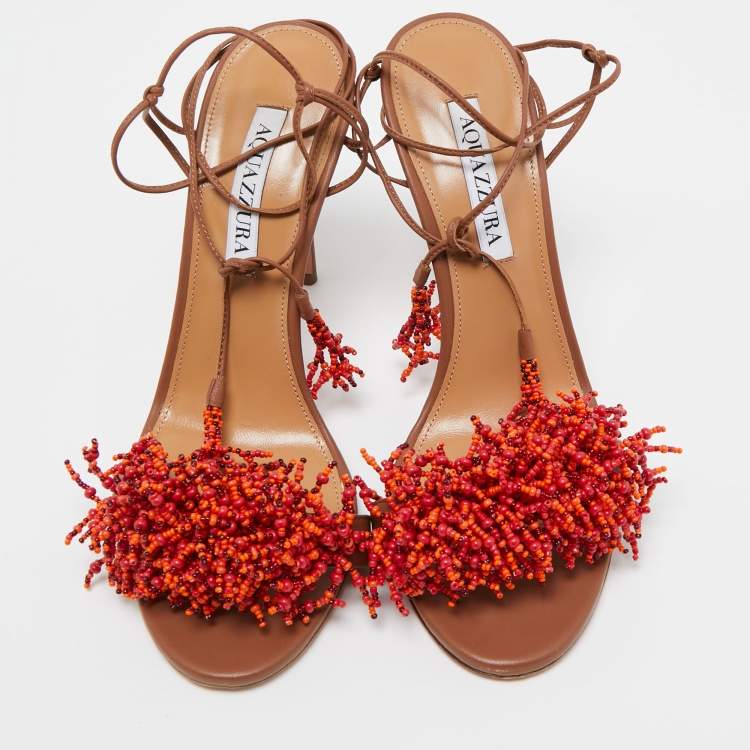 مملوكة مسبقًا Aquazzura Brown Leather Panarea Beaded Ankle Tie Sandals Size 38.5