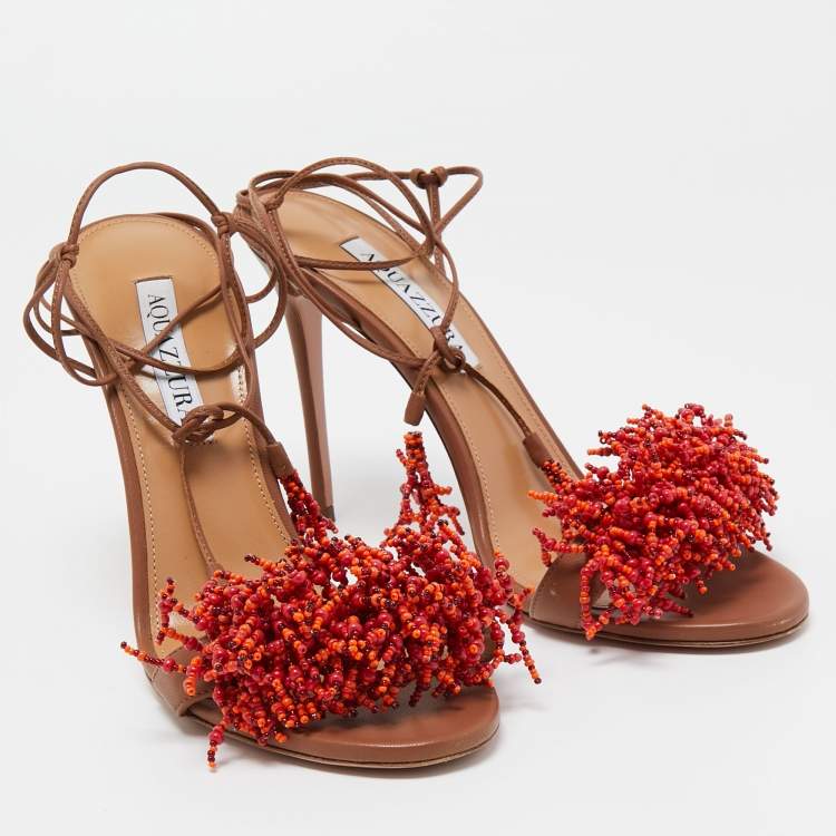 مملوكة مسبقًا Aquazzura Brown Leather Panarea Beaded Ankle Tie Sandals Size 38.5