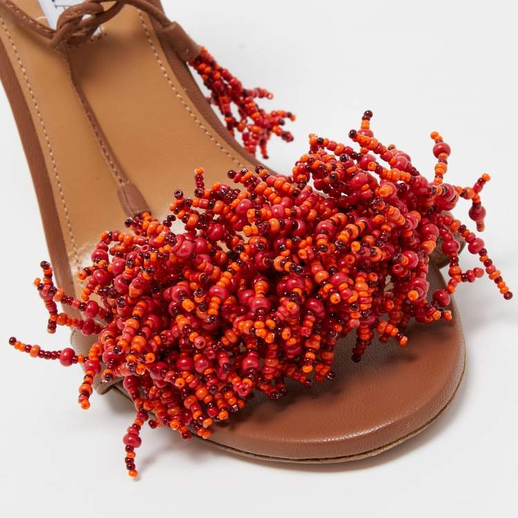 مملوكة مسبقًا Aquazzura Brown Leather Panarea Beaded Ankle Tie Sandals Size 38.5
